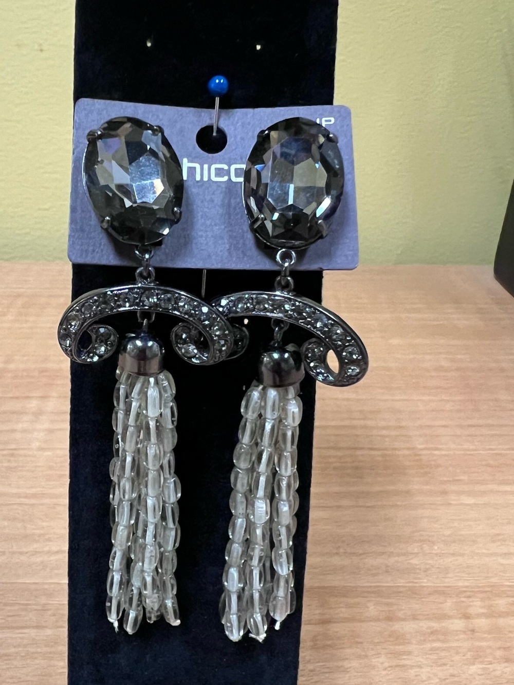 Chico's Smoky Crystal Tassel Drop Earrings